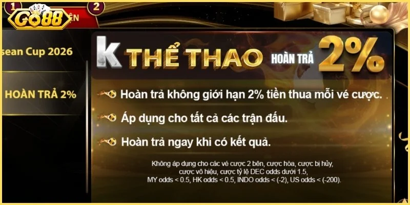 Khuyến mãi Go88 hoàn trả 2% cho thể thao